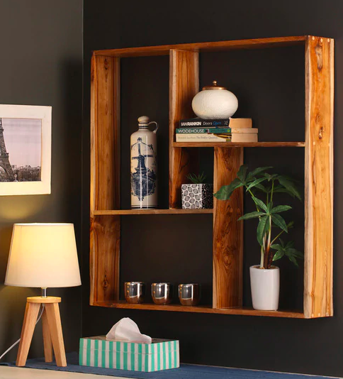 Natural Brown Teak Wood Berlin Wall Shelf by Divine Decor