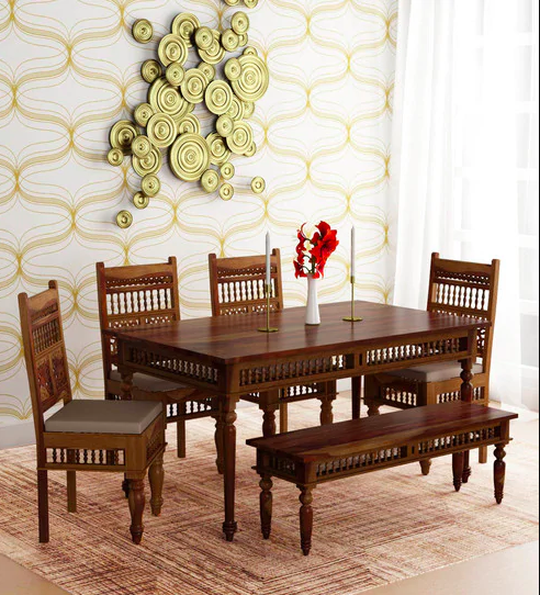 Taksh Solid Wood Handcrafted Six Seater Dining Set (with Bench) with Brown Upholstery by Mudramark