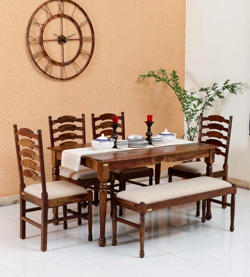 Encore Solid Wood Six Seater Dining Set (4 Chairs & 1 Bench ) in Provincial Teak Finish by Amberville