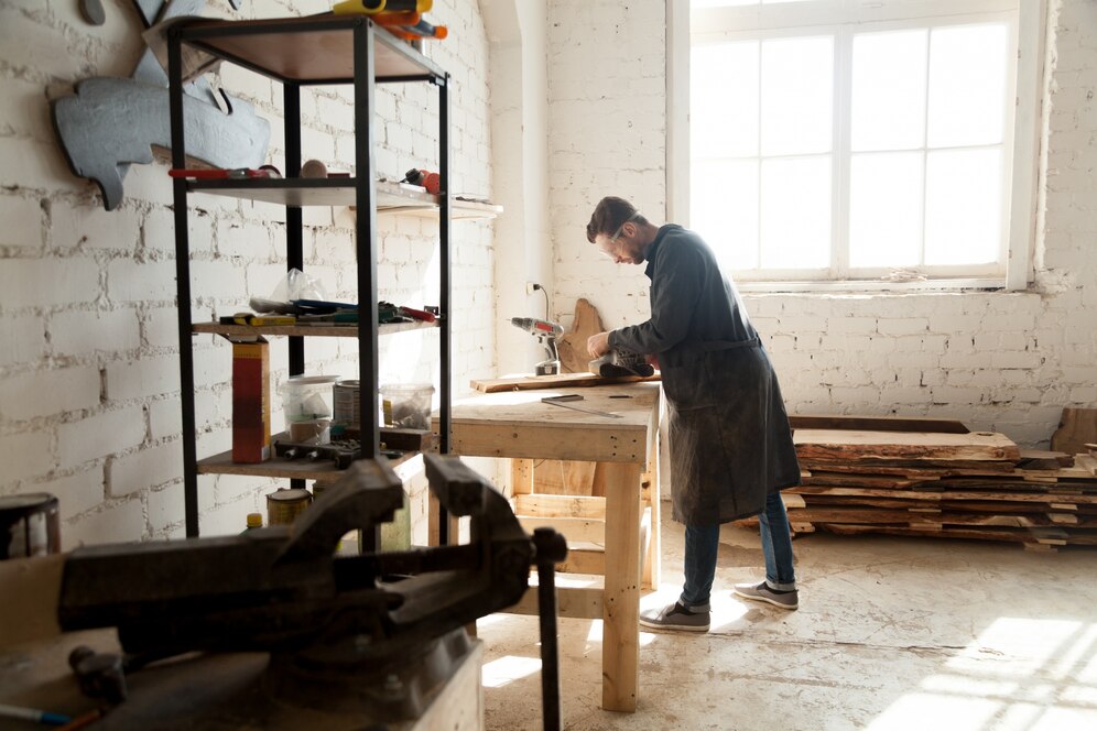 A skilled hotel furniture manufacturer working on wood